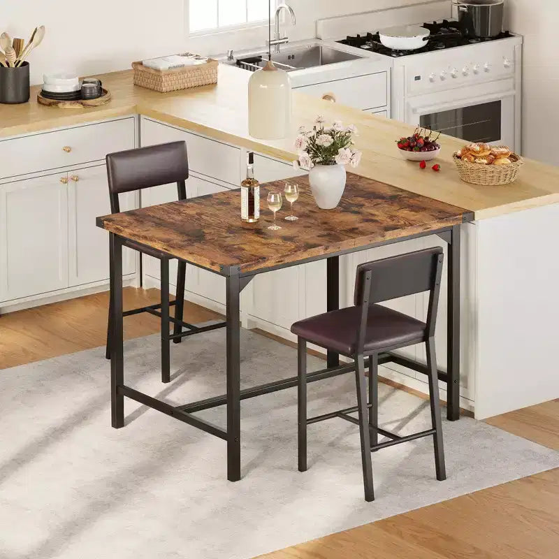 Set da tavolo da pranzo CuisinSmart per 2, set da tavolo da cucina con poggiapiedi e schienale, tavolo altezza bancone con 2 sgabelli da bar imbottiti