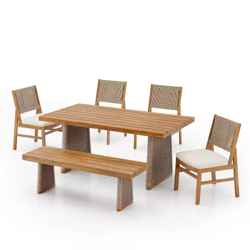Christopher Knight Home Mabel Set da pranzo rustico da esterni in 6 pezzi in legno di acacia e rattan con tavolo a doghe e cuscini