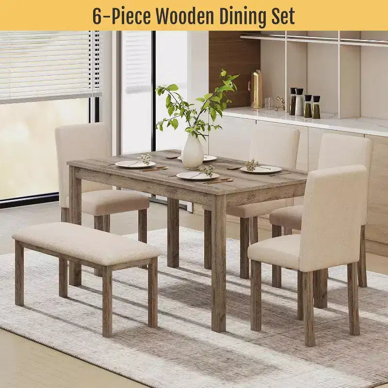 Set da pranzo Zevemomo 6 pezzi in legno massello con 1 tavolo, 4 sedie imbottite e 1 panca, set da pranzo con gambe in legno per sala da pranzo, cucina, ristorante, marrone