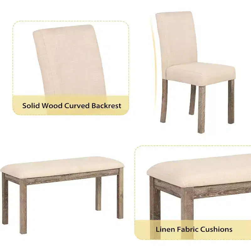 Set da pranzo Zevemomo 6 pezzi in legno massello con 1 tavolo, 4 sedie imbottite e 1 panca, set da pranzo con gambe in legno per sala da pranzo, cucina, ristorante, marrone