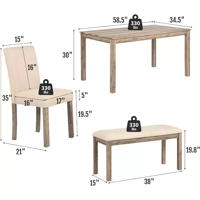 Set da pranzo Zevemomo 6 pezzi in legno massello con 1 tavolo, 4 sedie imbottite e 1 panca, set da pranzo con gambe in legno per sala da pranzo, cucina, ristorante, marrone