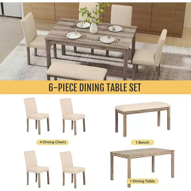Set da pranzo Zevemomo 6 pezzi in legno massello con 1 tavolo, 4 sedie imbottite e 1 panca, set da pranzo con gambe in legno per sala da pranzo, cucina, ristorante, marrone