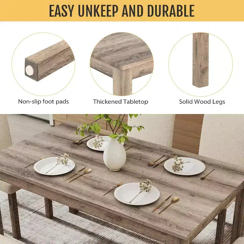 Set da pranzo Zevemomo 6 pezzi in legno massello con 1 tavolo, 4 sedie imbottite e 1 panca, set da pranzo con gambe in legno per sala da pranzo, cucina, ristorante, marrone