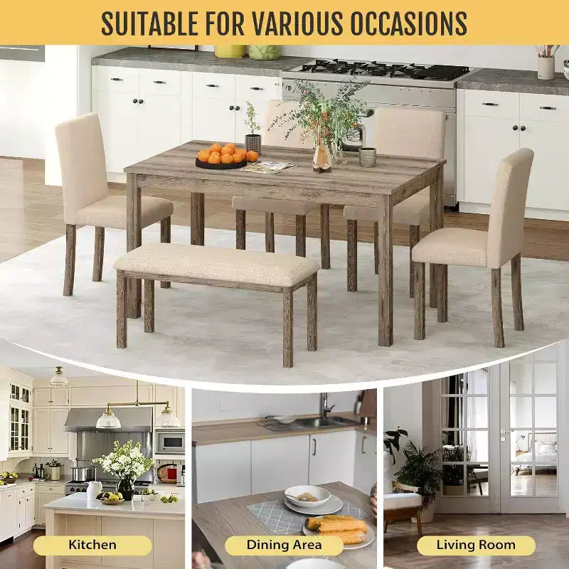 Set da pranzo Zevemomo 6 pezzi in legno massello con 1 tavolo, 4 sedie imbottite e 1 panca, set da pranzo con gambe in legno per sala da pranzo, cucina, ristorante, marrone