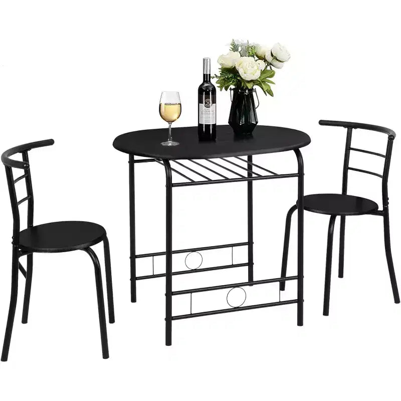 VINGLI 3 Piece Dining Set for 2,Kitchen Wooden Table and 2 Chairs for Small Space,Metal Frame,Wine Rack,Black
