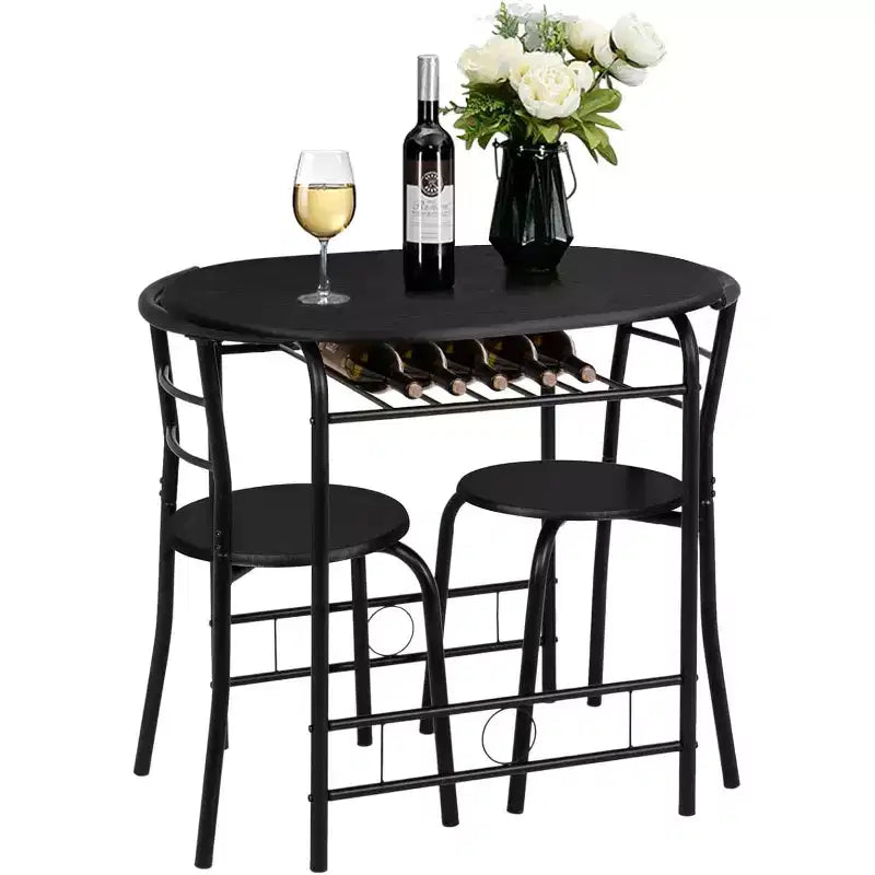 VINGLI Set da pranzo 3 pezzi per 2 persone, tavolo da cucina in legno e 2 sedie per piccoli spazi, struttura in metallo, portabottiglie, nero