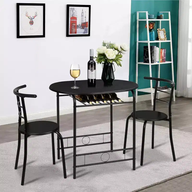 VINGLI Set da pranzo 3 pezzi per 2 persone, tavolo da cucina in legno e 2 sedie per piccoli spazi, struttura in metallo, portabottiglie, nero