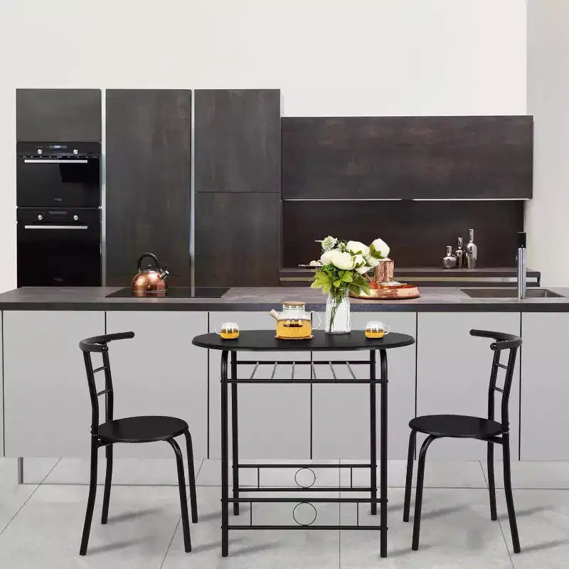 VINGLI Set da pranzo 3 pezzi per 2 persone, tavolo da cucina in legno e 2 sedie per piccoli spazi, struttura in metallo, portabottiglie, nero