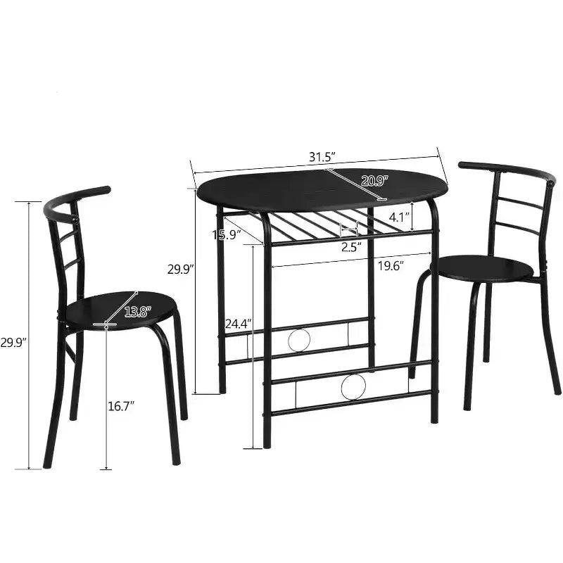 VINGLI Set da pranzo 3 pezzi per 2 persone, tavolo da cucina in legno e 2 sedie per piccoli spazi, struttura in metallo, portabottiglie, nero