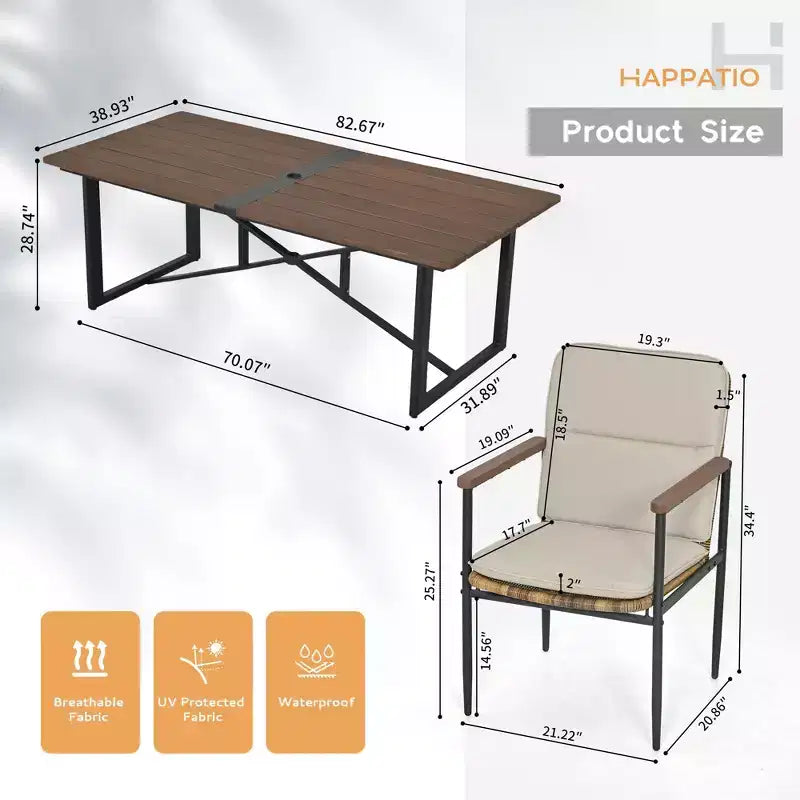 Set da pranzo da esterno HAPPATIO 9 pezzi, 8 sedie in vimini con telaio in alluminio e cuscini in olefin, tavolo da pranzo in legno con foro per ombrellone per veranda in giardino