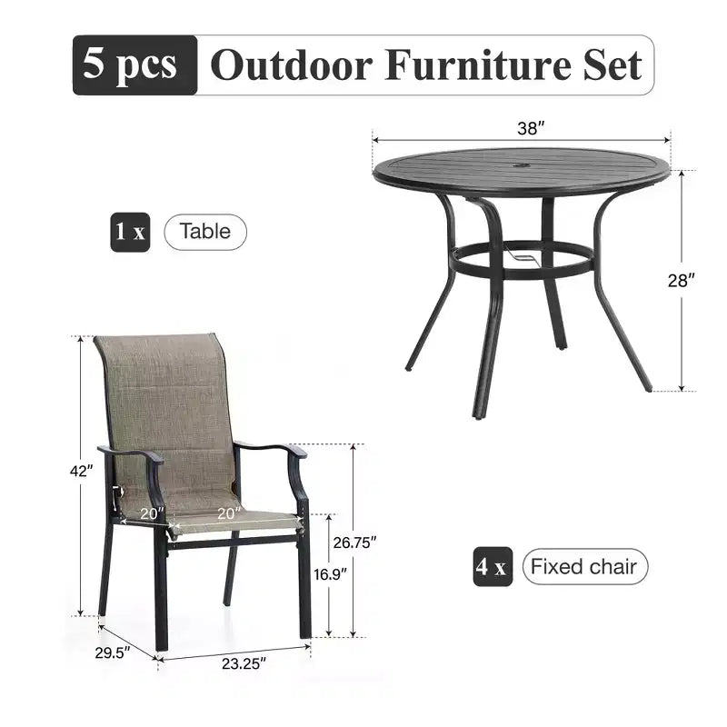 Captiva Designs Set da pranzo da 5 pezzi per esterni con tavolo rotondo in acciaio con piano a doghe nero e sedie a fionda con struttura in acciaio