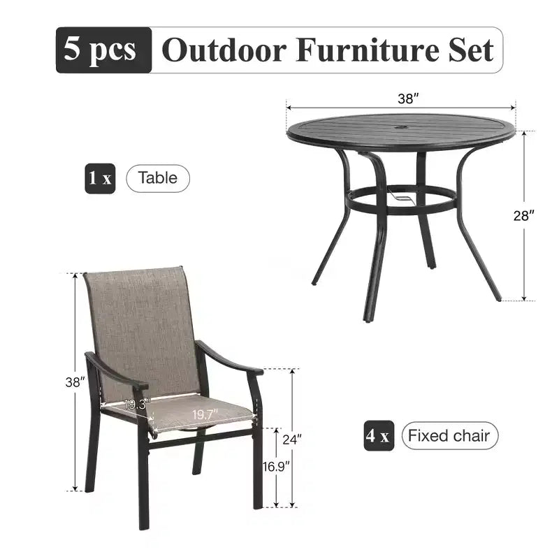 Captiva Designs Set da pranzo da 5 pezzi per esterni con tavolo rotondo in acciaio con piano a doghe nero e sedie a fionda con struttura in acciaio
