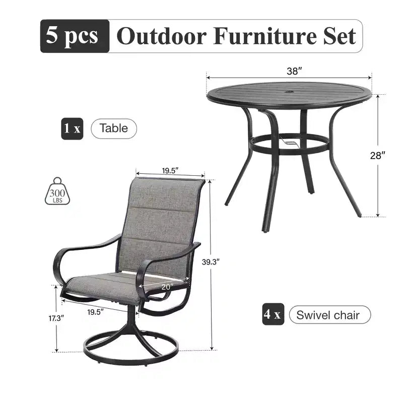 Captiva Designs Set da pranzo da 5 pezzi per esterni con tavolo rotondo in acciaio con piano a doghe nero e sedie a fionda con struttura in acciaio