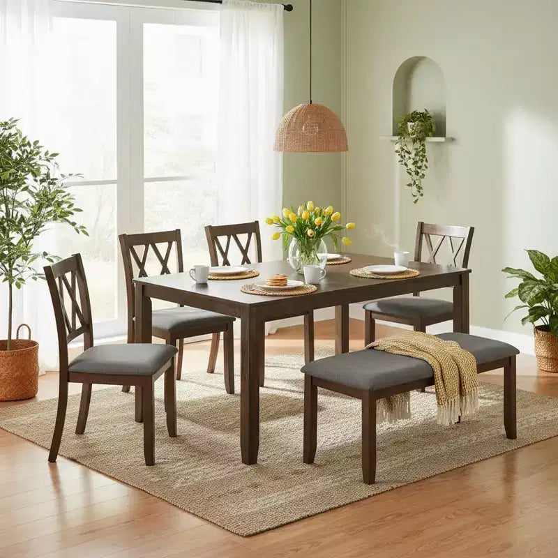 Homy Casa Set da Pranzo da 6 Pezzi in Legno con 4 Sedie Imbottite e Panca, Tavolo da Cucina Rettangolare, Noce
