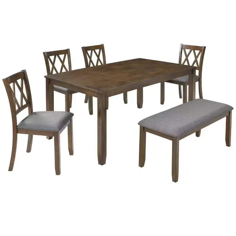 Homy Casa Set da Pranzo da 6 Pezzi in Legno con 4 Sedie Imbottite e Panca, Tavolo da Cucina Rettangolare, Noce