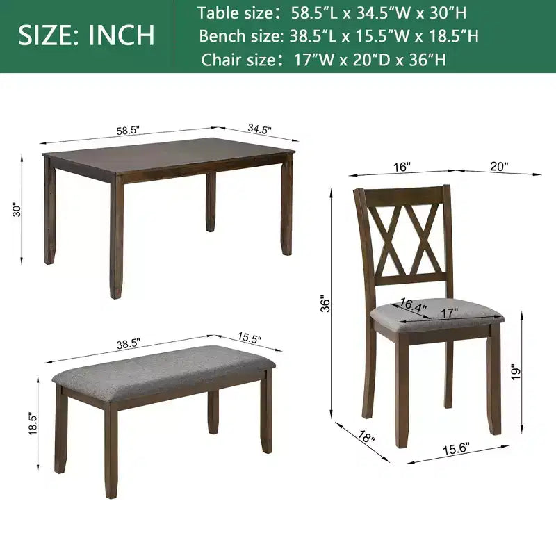 Homy Casa Set da Pranzo da 6 Pezzi in Legno con 4 Sedie Imbottite e Panca, Tavolo da Cucina Rettangolare, Noce