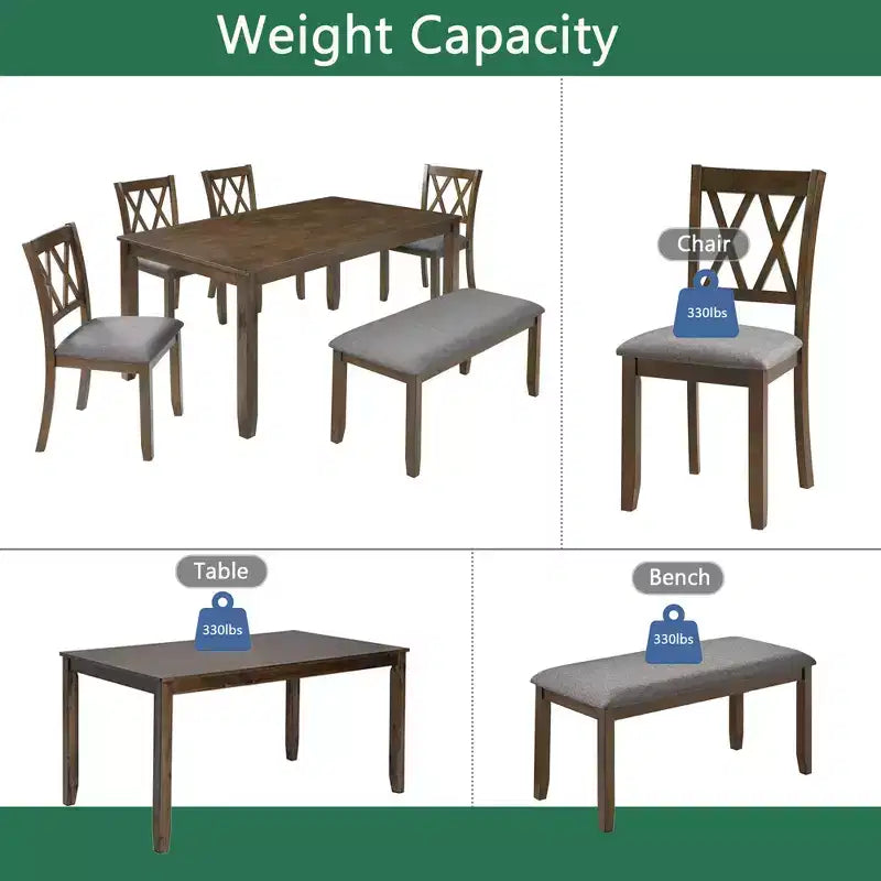 Homy Casa Set da Pranzo da 6 Pezzi in Legno con 4 Sedie Imbottite e Panca, Tavolo da Cucina Rettangolare, Noce