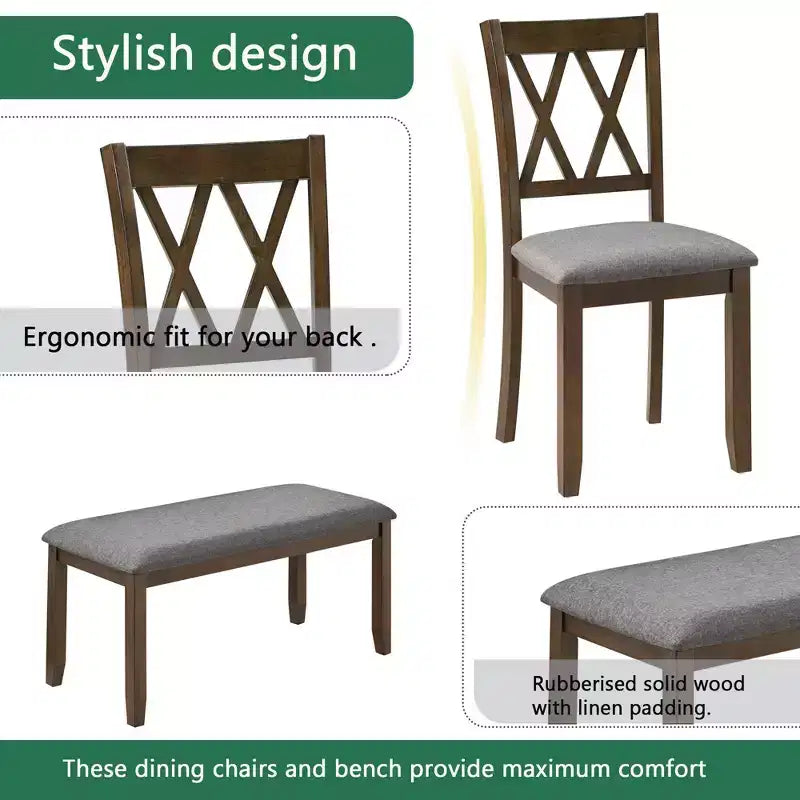 Homy Casa Set da Pranzo da 6 Pezzi in Legno con 4 Sedie Imbottite e Panca, Tavolo da Cucina Rettangolare, Noce