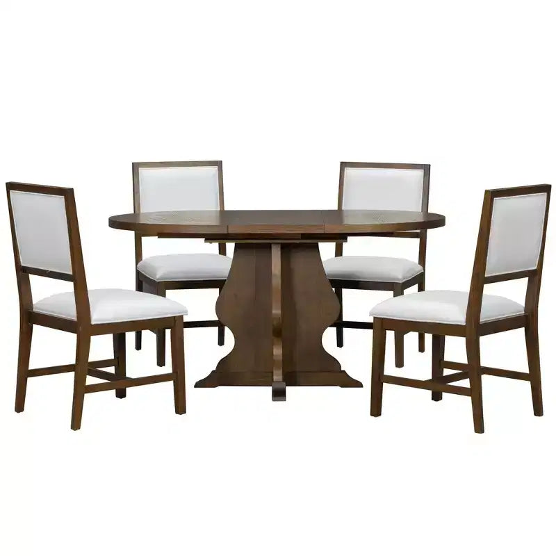 Set da pranzo di 5 pezzi Whisen Farmhouse Wood con tavolo allungabile e 4 sedie imbottite