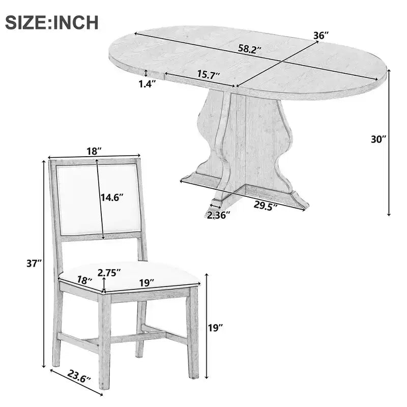 Set da pranzo di 5 pezzi Whisen Farmhouse Wood con tavolo allungabile e 4 sedie imbottite