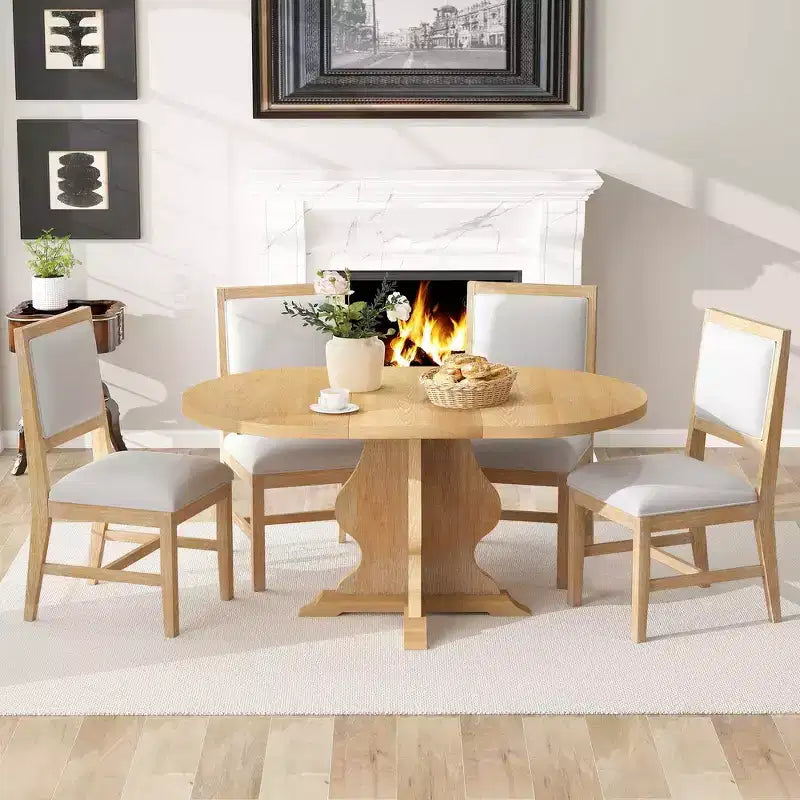 Set da pranzo di 5 pezzi Whisen Farmhouse Wood con tavolo allungabile e 4 sedie imbottite