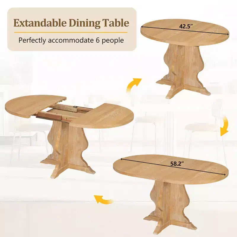 Set da pranzo di 5 pezzi Whisen Farmhouse Wood con tavolo allungabile e 4 sedie imbottite