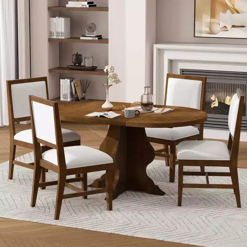 Set da pranzo di 5 pezzi Whisen Farmhouse Wood con tavolo allungabile e 4 sedie imbottite