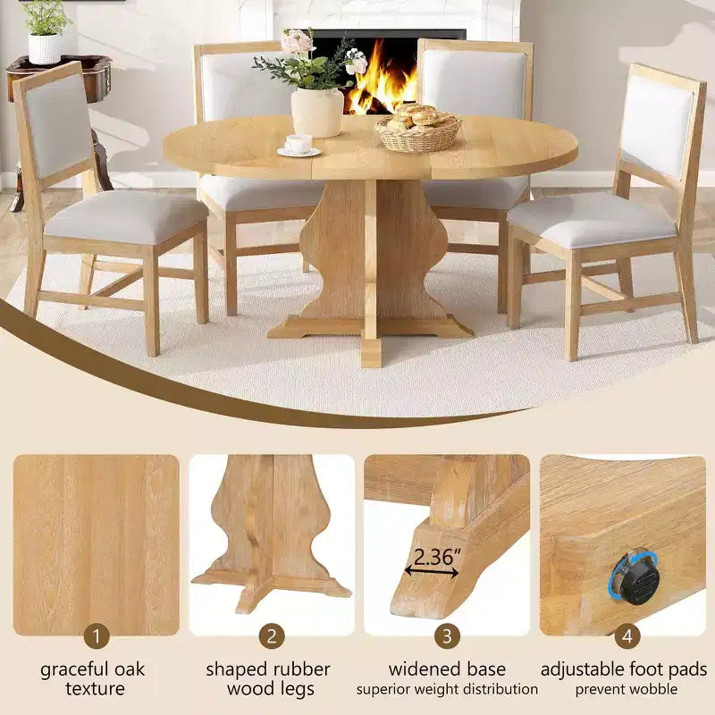 Set da pranzo di 5 pezzi Whisen Farmhouse Wood con tavolo allungabile e 4 sedie imbottite