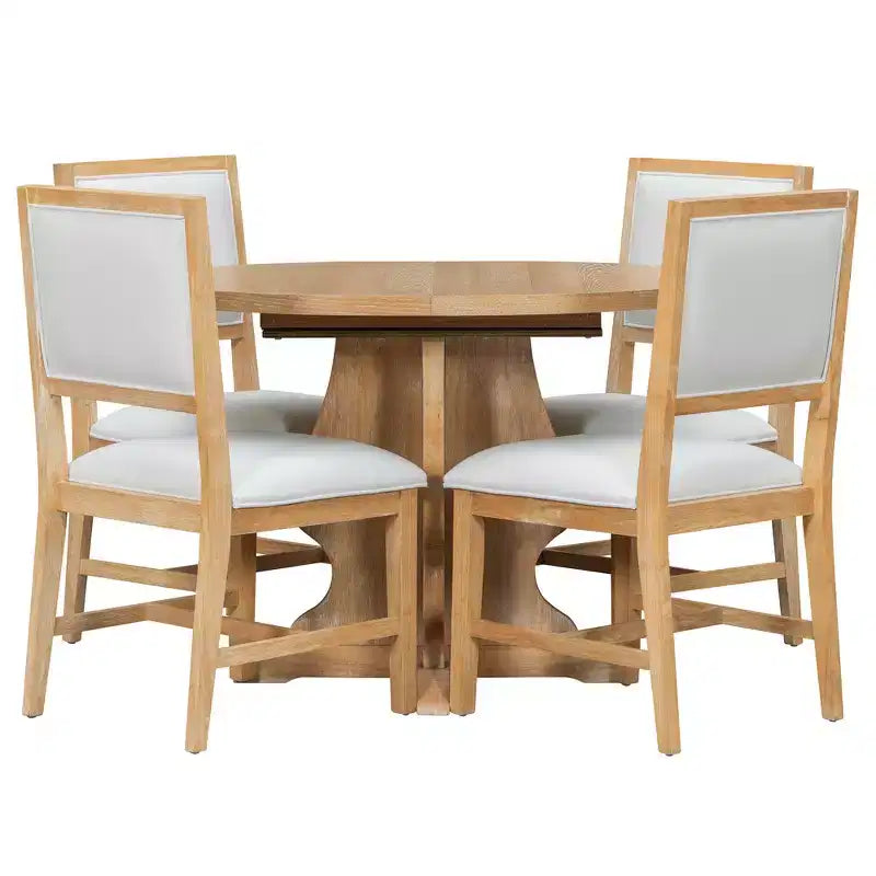 Set da pranzo di 5 pezzi Whisen Farmhouse Wood con tavolo allungabile e 4 sedie imbottite
