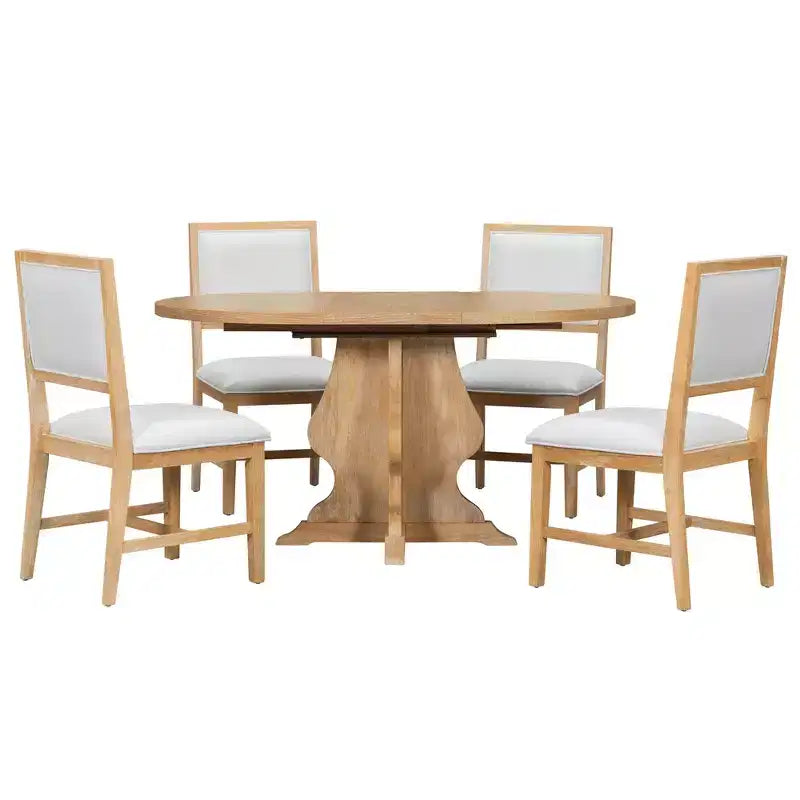 Set da pranzo di 5 pezzi Whisen Farmhouse Wood con tavolo allungabile e 4 sedie imbottite