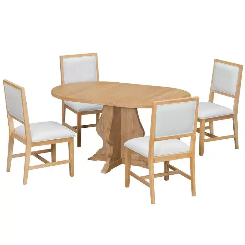 Set da pranzo di 5 pezzi Whisen Farmhouse Wood con tavolo allungabile e 4 sedie imbottite