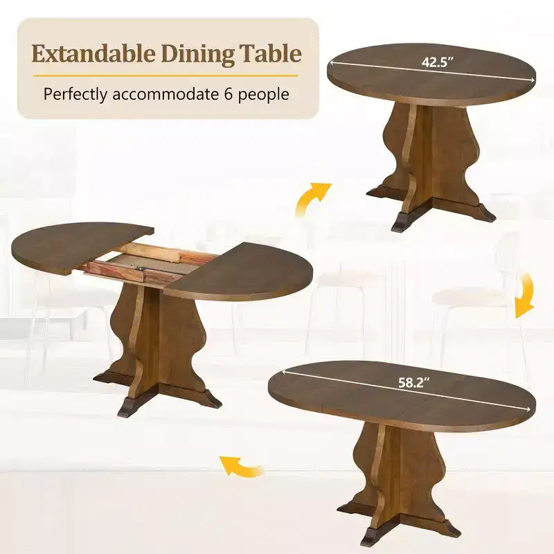 Set da pranzo di 5 pezzi Whisen Farmhouse Wood con tavolo allungabile e 4 sedie imbottite