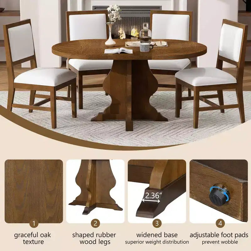 Set da pranzo di 5 pezzi Whisen Farmhouse Wood con tavolo allungabile e 4 sedie imbottite