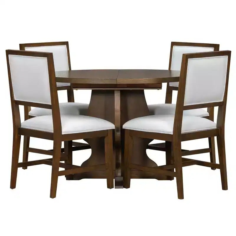 Set da pranzo di 5 pezzi Whisen Farmhouse Wood con tavolo allungabile e 4 sedie imbottite