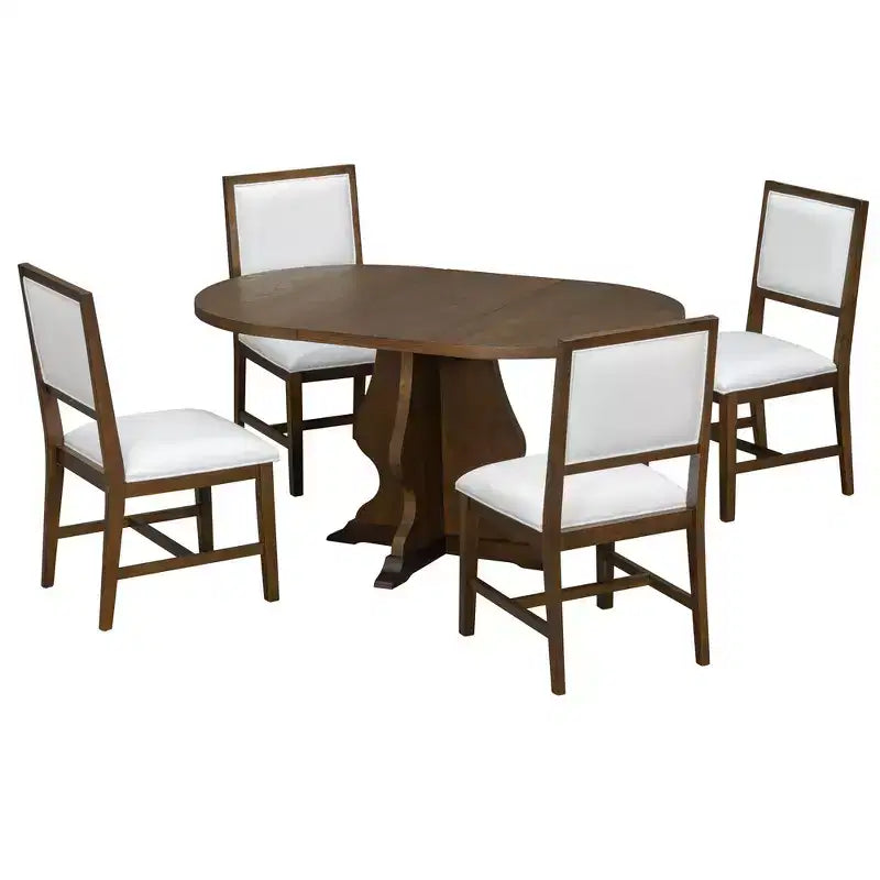 Set da pranzo di 5 pezzi Whisen Farmhouse Wood con tavolo allungabile e 4 sedie imbottite