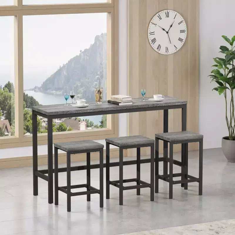 Set Tavolo da Bar e Sgabelli Industriale 4 Pezzi Okak per Cucina, Sala da Pranzo, Set Dinette in Metallo e Legno per Colazione