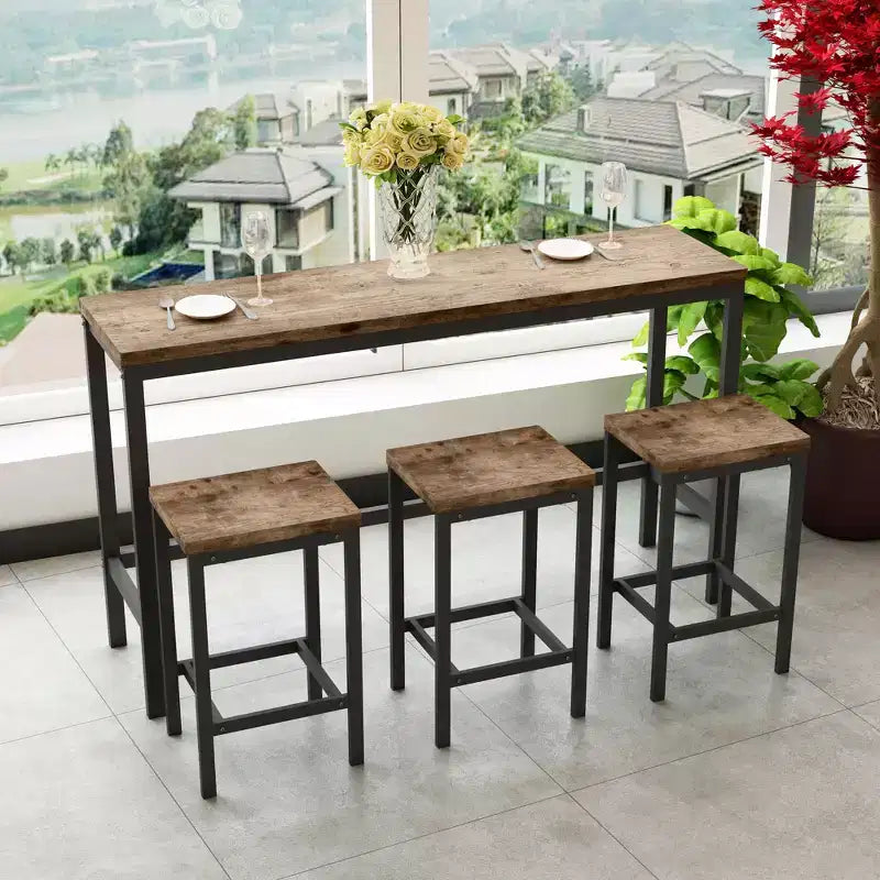 Set Tavolo da Bar e Sgabelli Industriale 4 Pezzi Okak per Cucina, Sala da Pranzo, Set Dinette in Metallo e Legno per Colazione