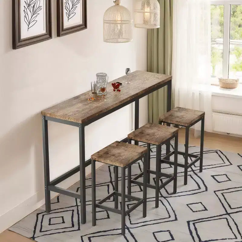 Set Tavolo da Bar e Sgabelli Industriale 4 Pezzi Okak per Cucina, Sala da Pranzo, Set Dinette in Metallo e Legno per Colazione