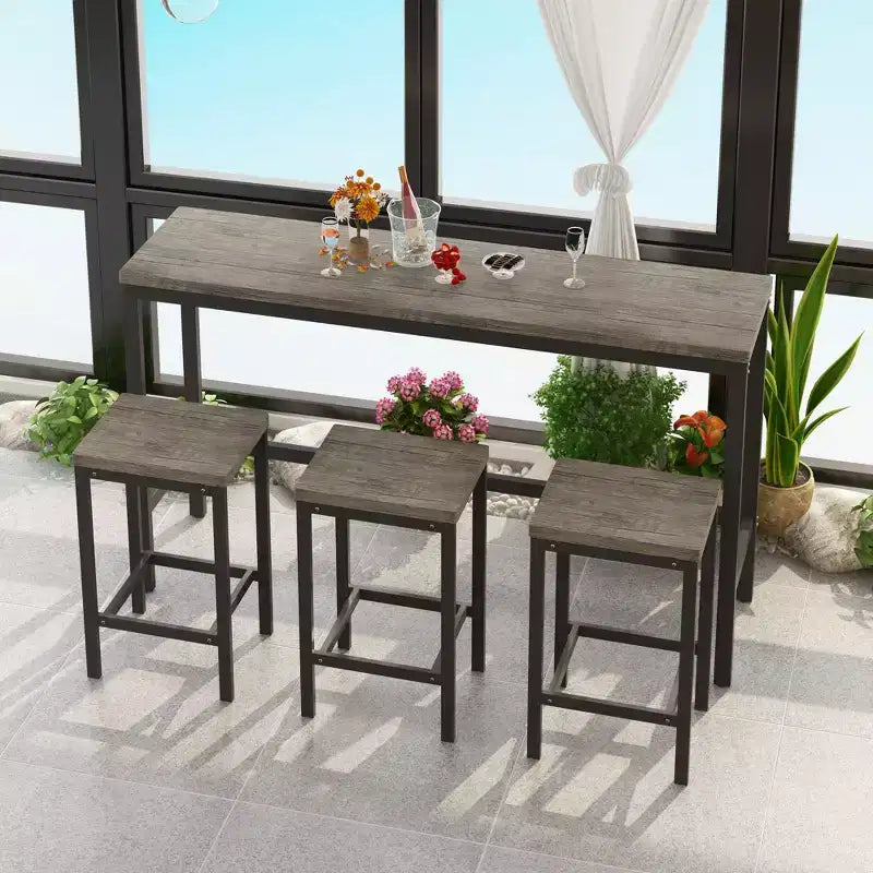 Set Tavolo da Bar e Sgabelli Industriale 4 Pezzi Okak per Cucina, Sala da Pranzo, Set Dinette in Metallo e Legno per Colazione