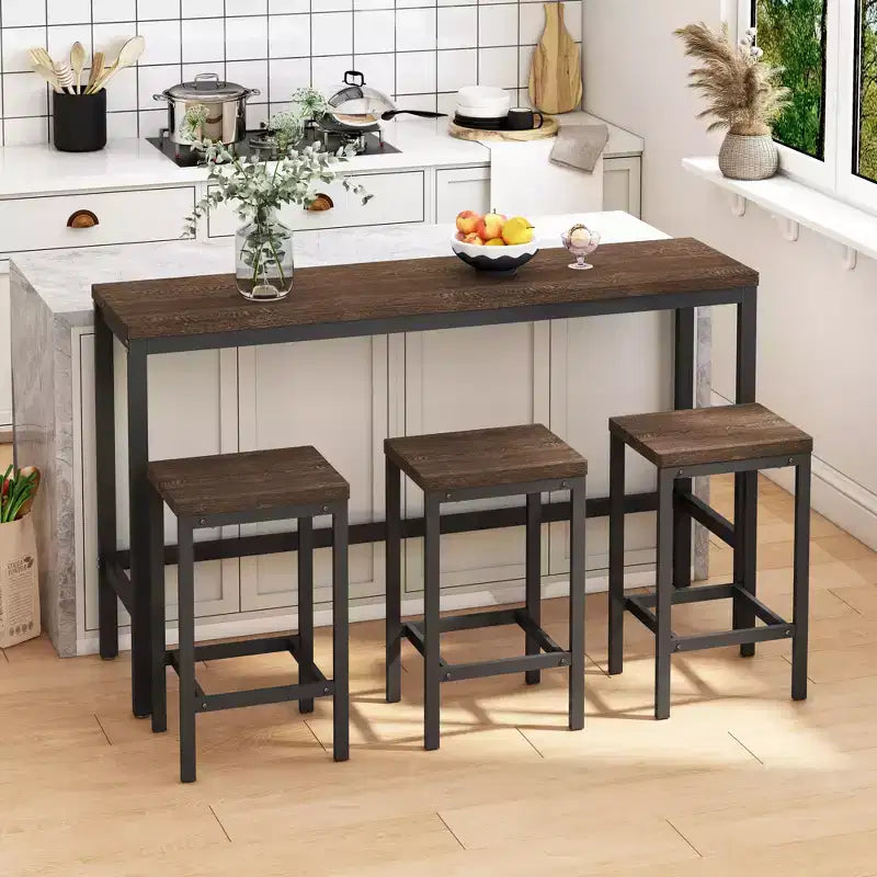 Set Tavolo da Bar e Sgabelli Industriale 4 Pezzi Okak per Cucina, Sala da Pranzo, Set Dinette in Metallo e Legno per Colazione