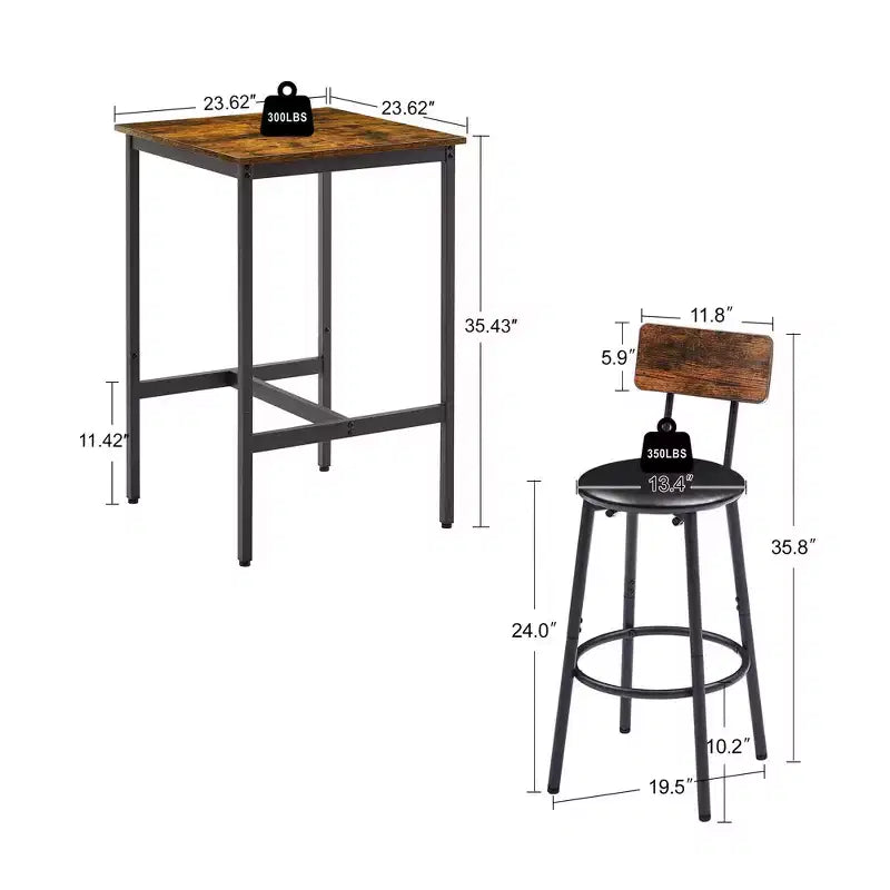 Set da tavolo e sedie da bar Okak da 3 pezzi altezza industriale per cucina, sala da pranzo, set dinette da bistrot in metallo e legno per colazione