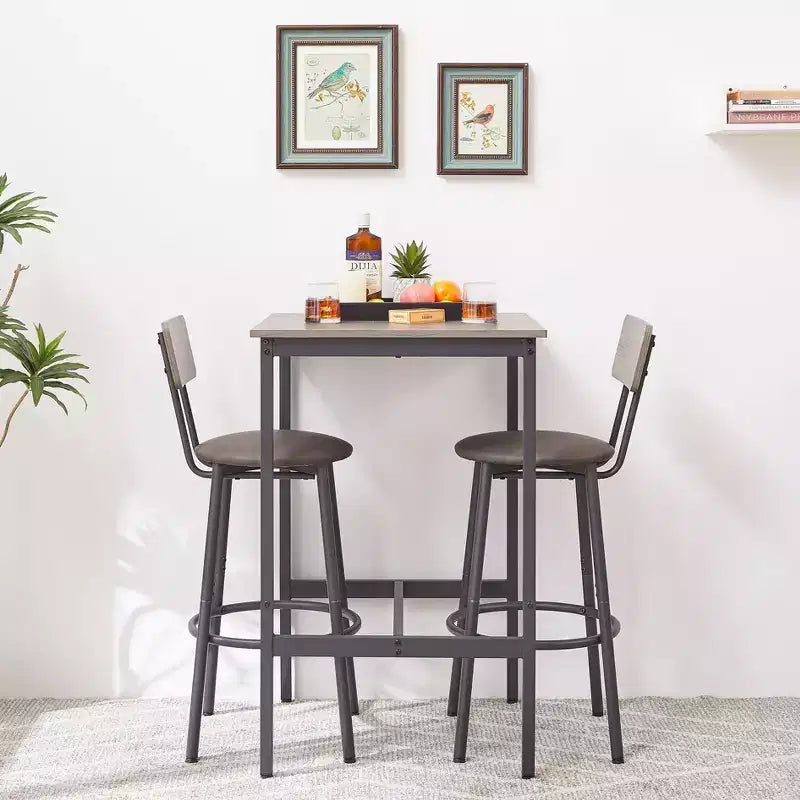 Set da tavolo e sedie da bar Okak da 3 pezzi altezza industriale per cucina, sala da pranzo, set dinette da bistrot in metallo e legno per colazione