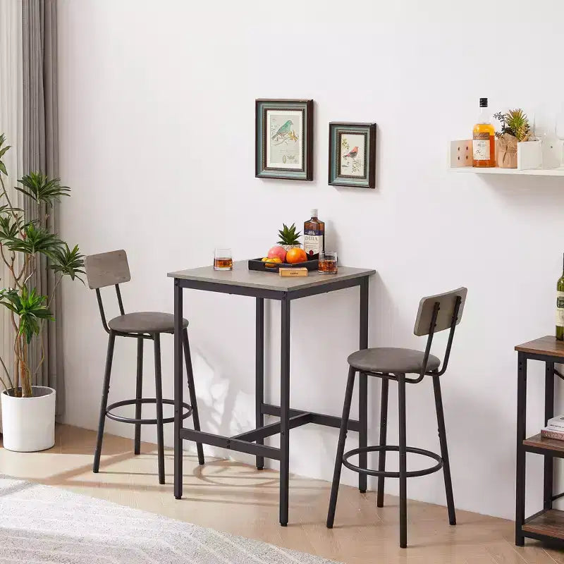 Set da tavolo e sedie da bar Okak da 3 pezzi altezza industriale per cucina, sala da pranzo, set dinette da bistrot in metallo e legno per colazione