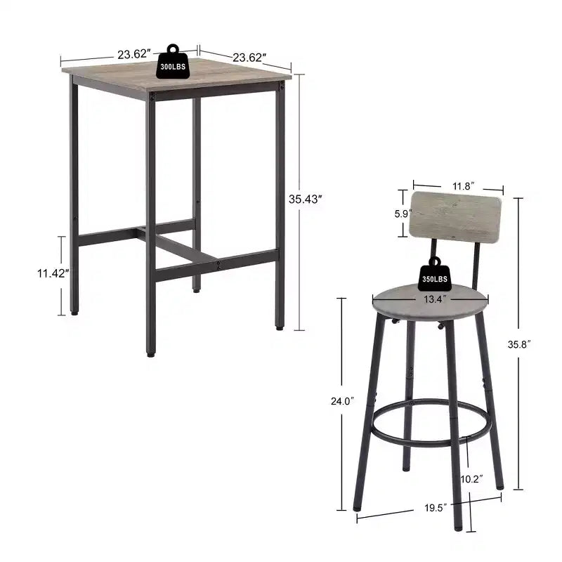 Set da tavolo e sedie da bar Okak da 3 pezzi altezza industriale per cucina, sala da pranzo, set dinette da bistrot in metallo e legno per colazione