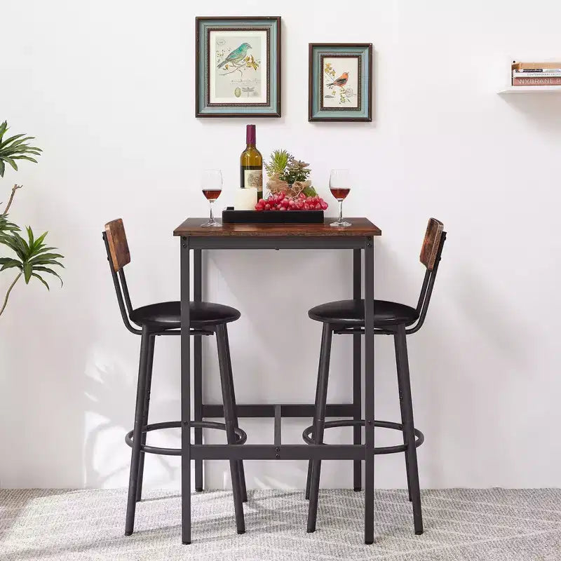 Set da tavolo e sedie da bar Okak da 3 pezzi altezza industriale per cucina, sala da pranzo, set dinette da bistrot in metallo e legno per colazione