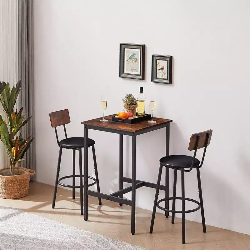 Set da tavolo e sedie da bar Okak da 3 pezzi altezza industriale per cucina, sala da pranzo, set dinette da bistrot in metallo e legno per colazione