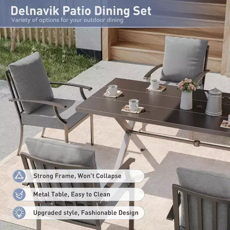 ALAULM Set di Mobili da Pranzo da Giardino da 16 Pezzi, Mobili da Esterno in Metallo, Set con 14 Sedie Fisse e 2 Tavoli Grandi con Ombrellone per Giardino