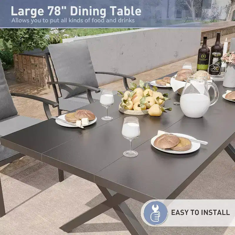 ALAULM Set di Mobili da Pranzo da Giardino da 16 Pezzi, Mobili da Esterno in Metallo, Set con 14 Sedie Fisse e 2 Tavoli Grandi con Ombrellone per Giardino