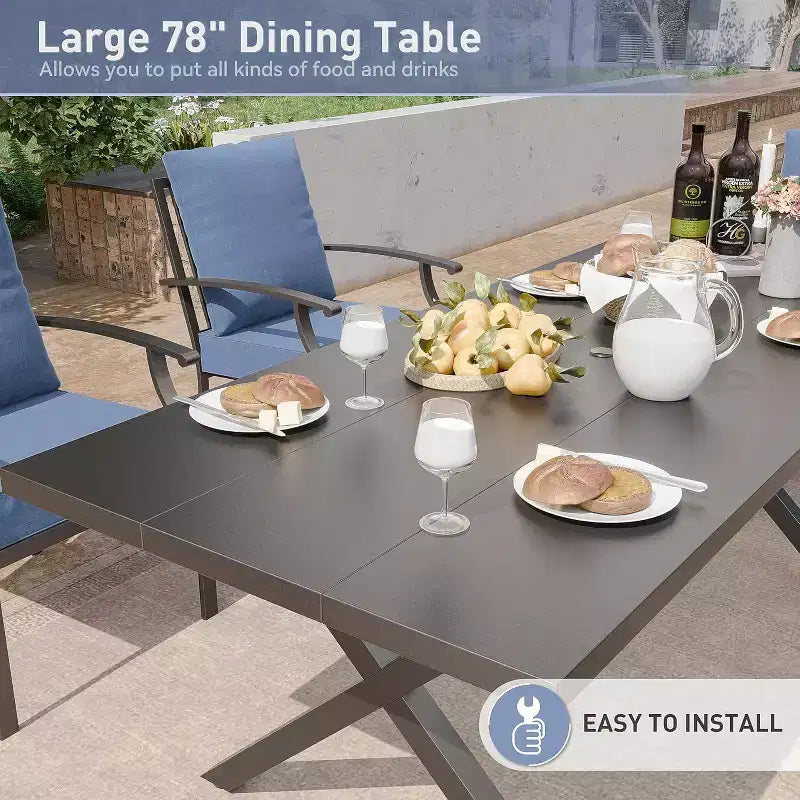ALAULM Set di Mobili da Pranzo da Giardino da 16 Pezzi, Mobili da Esterno in Metallo, Set con 14 Sedie Fisse e 2 Tavoli Grandi con Ombrellone per Giardino