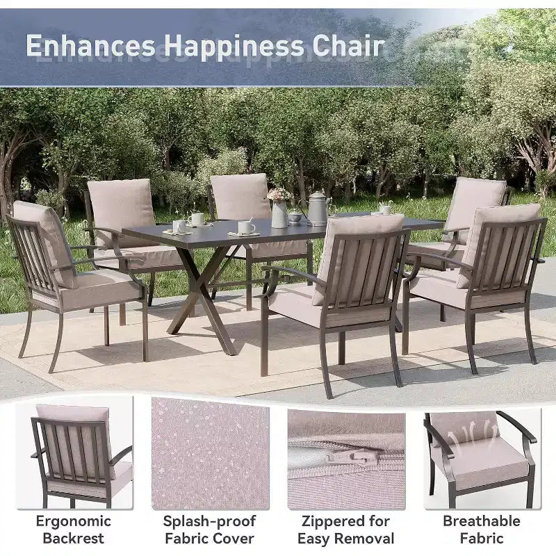 ALAULM Set di Mobili da Pranzo da Giardino da 16 Pezzi, Mobili da Esterno in Metallo, Set con 14 Sedie Fisse e 2 Tavoli Grandi con Ombrellone per Giardino